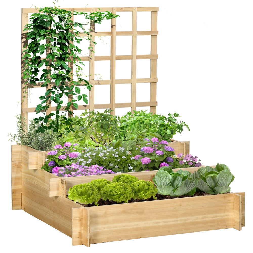 Outsunny 3 Tier Wooden Garden Planters with Trellis for Vine Climbing Plants