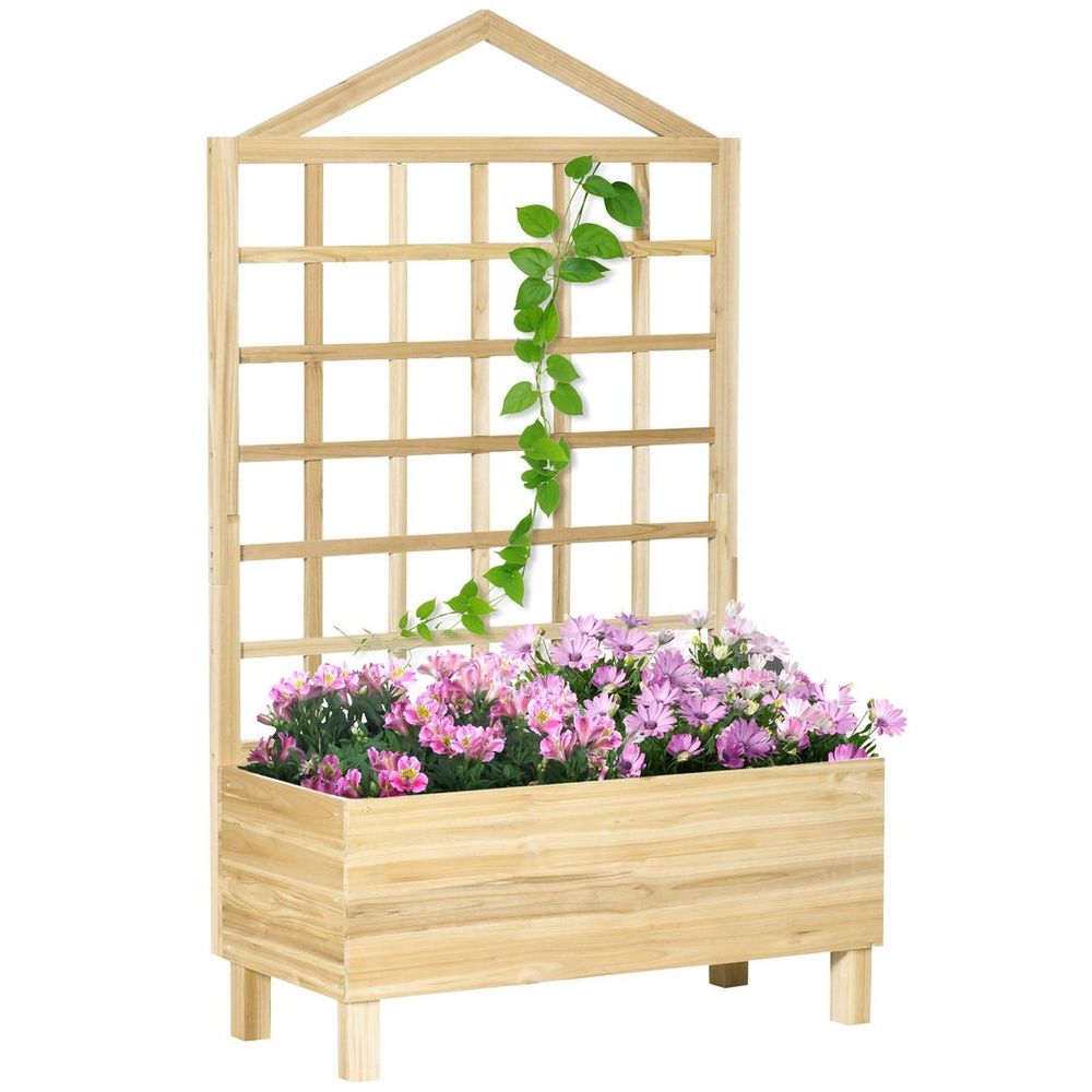 Outsunny Wooden Garden Planters with Trellis for Vine Climbing Plants, Natural